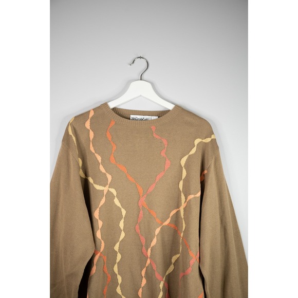 St. Croix Knits Sweater Mens Large Tan Brown Orange Abstract Wavy Pattern Cotton - Picture 2 of 5